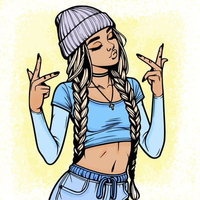 realistic teenage girl with braids and a beanie and crop top doing 🫶🏼