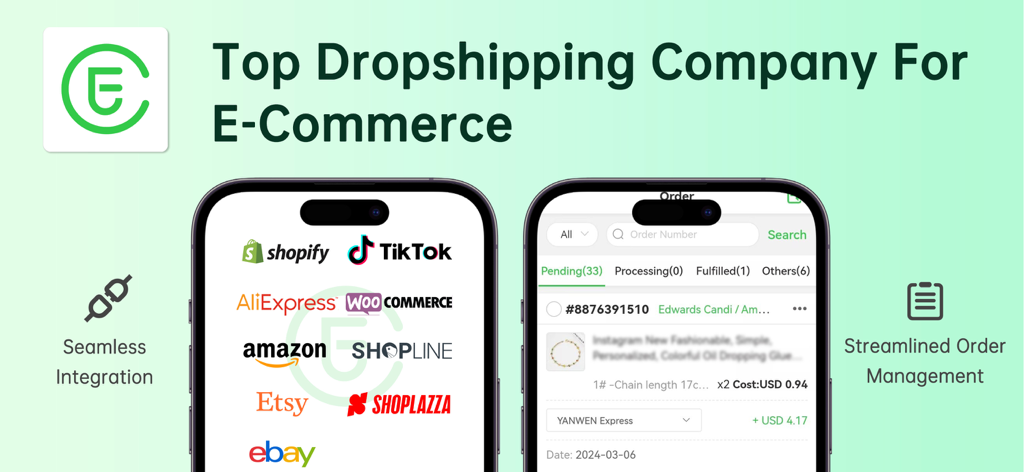 Painel do aplicativo EPROLO mostrando integração perfeita com Shopify, Amazon e TikTok para gerenciamento simplificado de pedidos de dropshipping