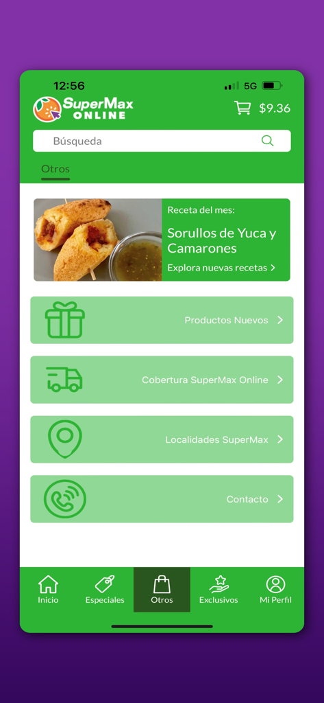 SuperMax Online - SuperMax Online app screen showing the monthly recipe and menu options for new products, delivery coverage, store locations, and contact.