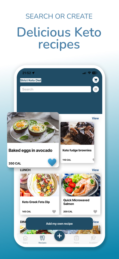 DietSensor Keto - DietSensor Keto app interface showing a variety of low carb recipes with calorie counts