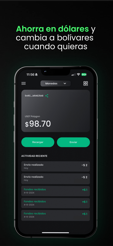 Coco Wallet - Banca Digital - Coco Wallet app interface showing a USDT balance of 98.70 dollars and recent transaction activity in dark mode