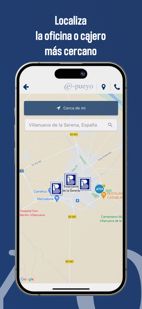 e-pueyo - Interfaz de mapa dentro de la app e-pueyo mostrando sucursales y cajeros de Banca Pueyo cercanos