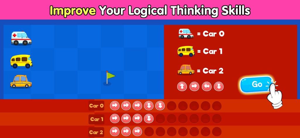 Educational coding game screen where children program car movements to improve logical thinking