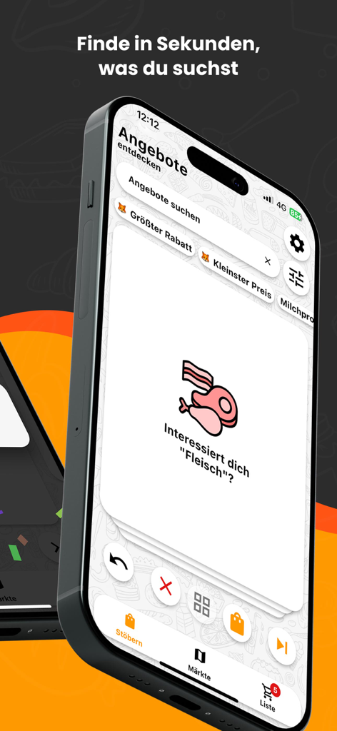 SparFuxモバイルアプリの画面。肉のお得な情報と割引フィルターが表示された、 Tinderスタイルのスワイプカードが表示されている。