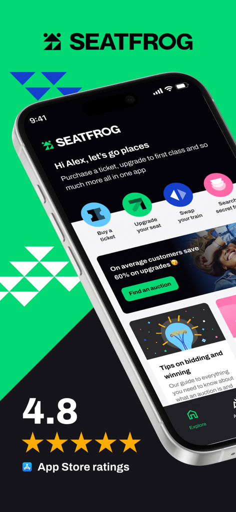 Seatfrog mobile app interface showing options for train ticket upgrades and booking with high user ratings