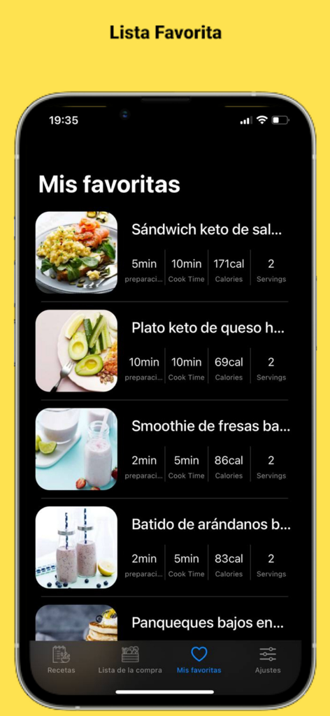 Captura de pantalla de la sección de recetas favoritas en la aplicación de dieta Keto que muestra una lista de comidas bajas en carbohidratos con recuentos de calorías y tiempos de preparación