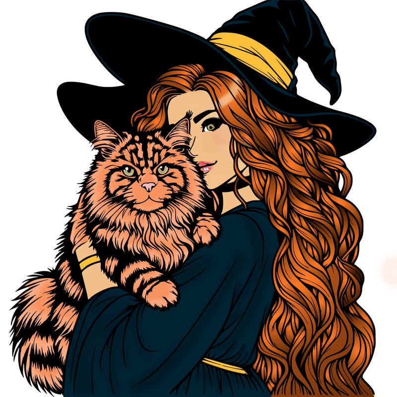 realistic witch holding a mainecoon cat
