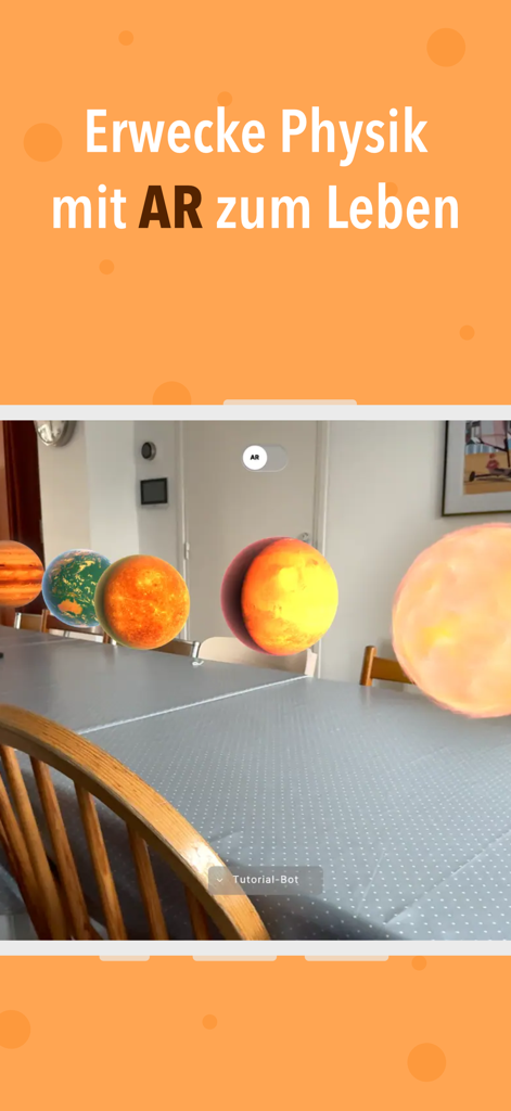 AR-Physics app displaying interactive 3D planets floating over a dining table in augmented reality