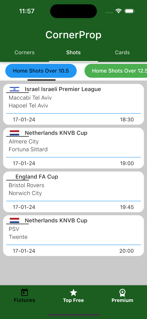 CornerProp- Team Corners Tips - Screenshot of the CornerProp app displaying football betting predictions for home team shots across several European soccer leagues