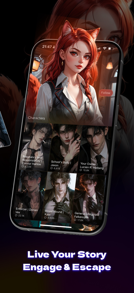 Mobile screen of Tipsy Chat app showing a selection of anime-style AI characters for roleplay stories