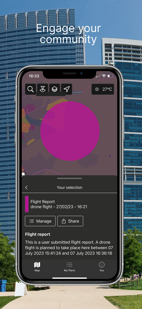 Drone Assist - Flight Planning - Drone Assist mobile app displaying a flight report and map sharing feature