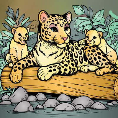 a realistic beautiful leopard sunbathing on a log in the jungle with two baby leopards playing around her