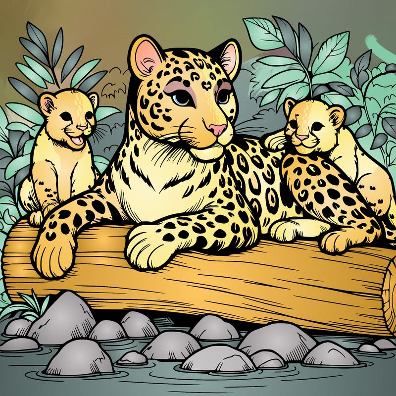 a realistic beautiful leopard sunbathing on a log in the jungle with two baby leopards playing around her