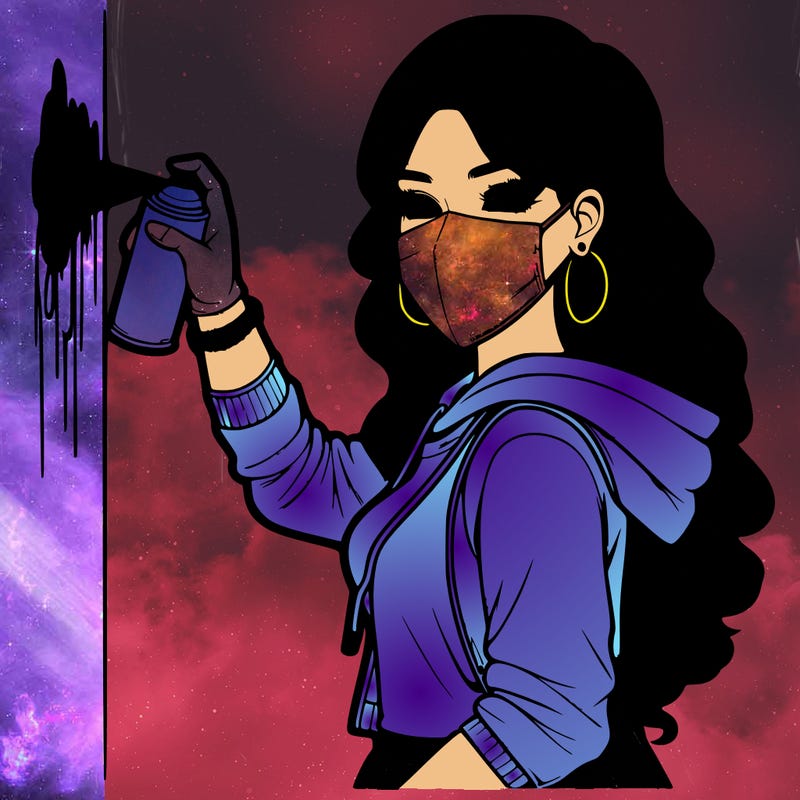 realistic girl with mask spray painting a wall