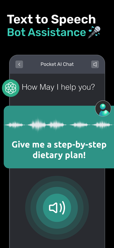 PocketAI app interface demonstrating text to speech bot assistance for a dietary plan
