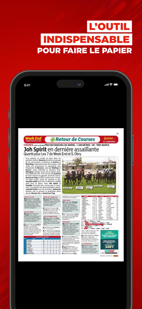 Week End : pronostics quinté - L'écran d'un smartphone affiche le magazine numérique Week End Turf, proposant des analyses d'experts sur les courses hippiques et les résultats des courses.