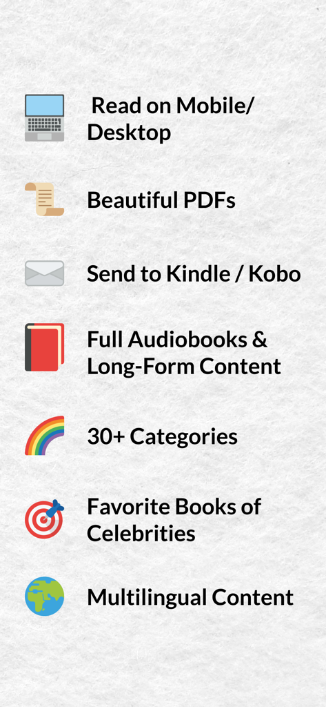 StoryShots: Book Summaries - List of key StoryShots features including Kindle support, audiobooks, and multilingual content.