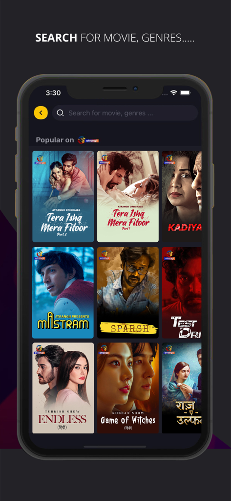 Search screen for the Atrangii mobile app featuring popular Hindi dubbed international shows and Indian regional content