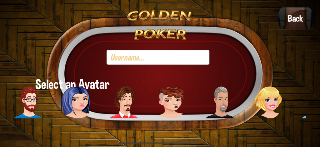 Golden Texas Holdem Poker - Écran de sélection d'avatar avec saisie du nom d'utilisateur dans Golden Texas Holdem Poker