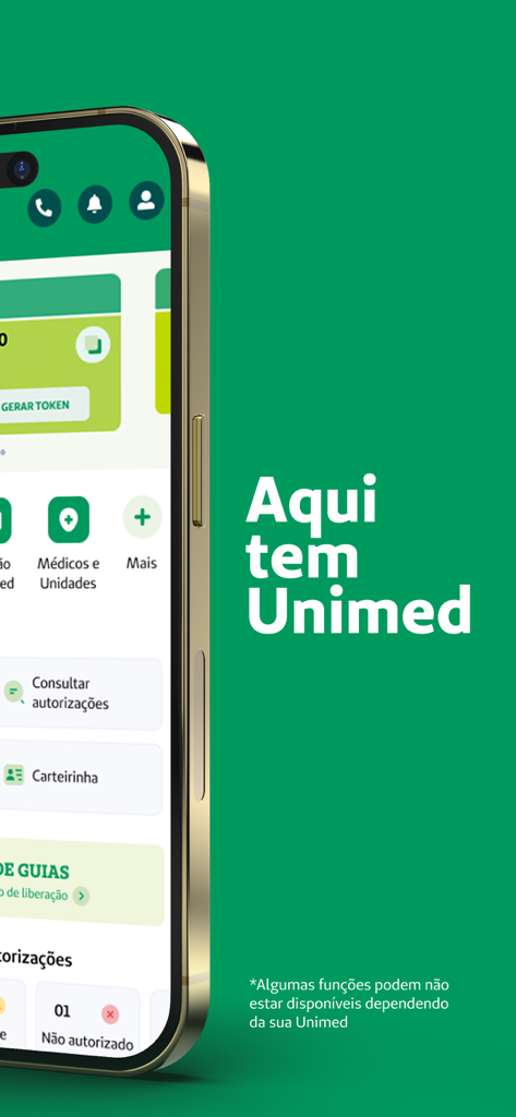 Unimed SP - Clientes - Interface of the Unimed SP Clientes app showing medical guide and digital member ID options on a green background