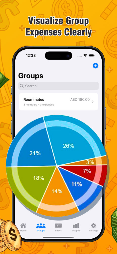 Money Control Budget - Money Control Budget app screenshot showing a pie chart visualization for group expenses and roommate spending
