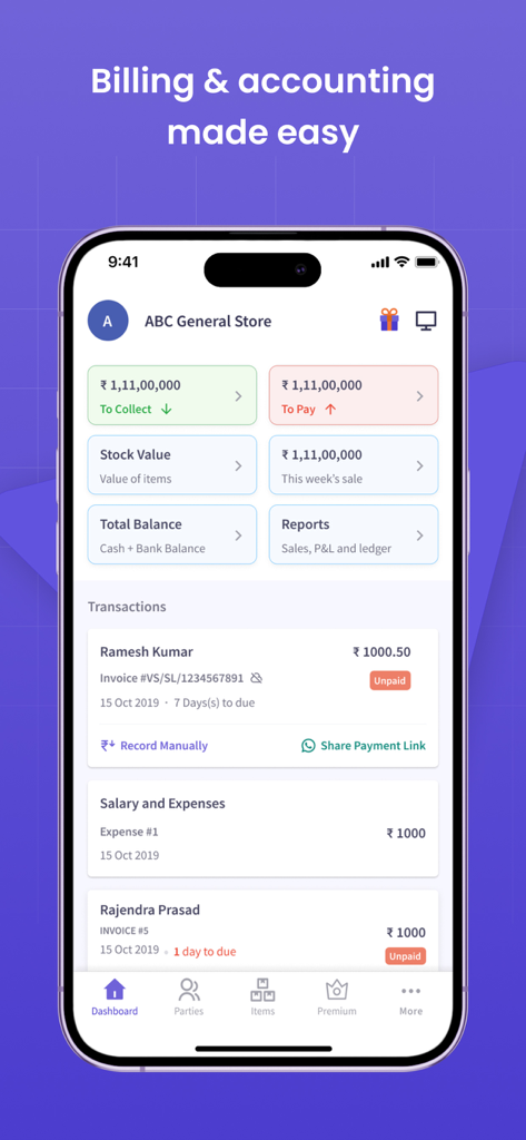 Mobile app dashboard displaying financial summaries including collections, payments, stock value, and recent transactions.