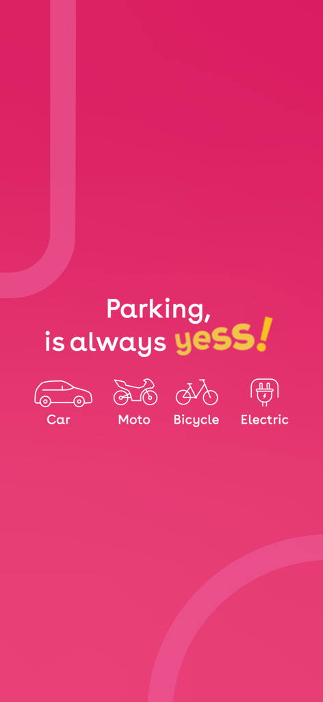 Yespark, your car park - Yespark app screen showing icons for car motorcycle bicycle and electric vehicle parking