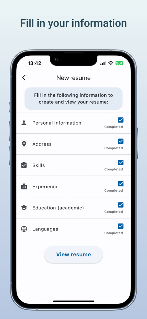Resume Builder - CV Creator - Tela do aplicativo móvel mostrando uma lista de verificação de seções concluídas para um novo currículo, incluindo habilidades, experiência e educação