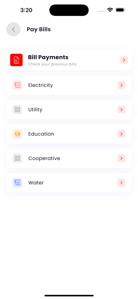 MyCash Subscriber - Menü der MyCash Subscriber App zum Bezahlen von Strom-, Wasser- und anderen Rechnungen