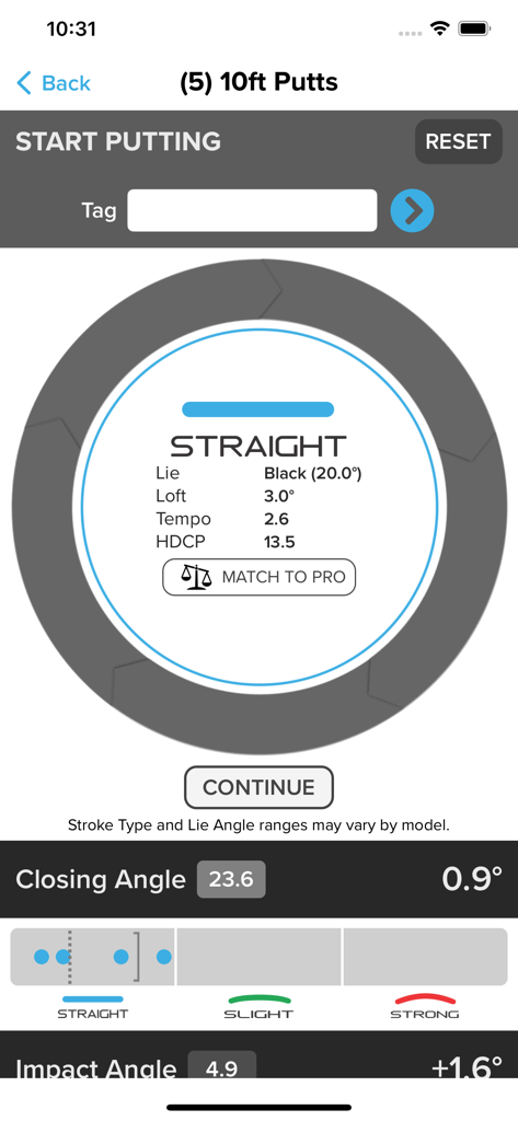 iPING app interface showing golf putting stroke data and analysis