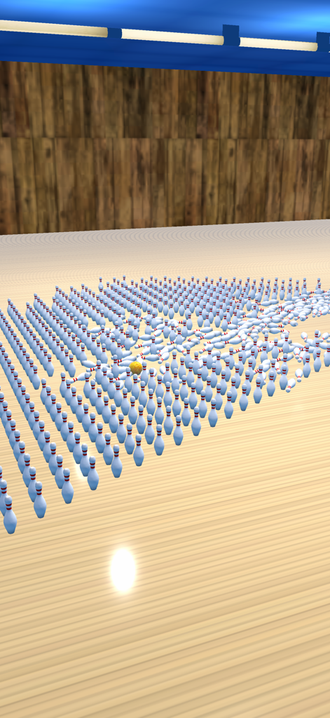 1000 Pin Bowling - Una bola de bolos amarilla chocando contra un grupo masivo de bolos en un juego de bolos