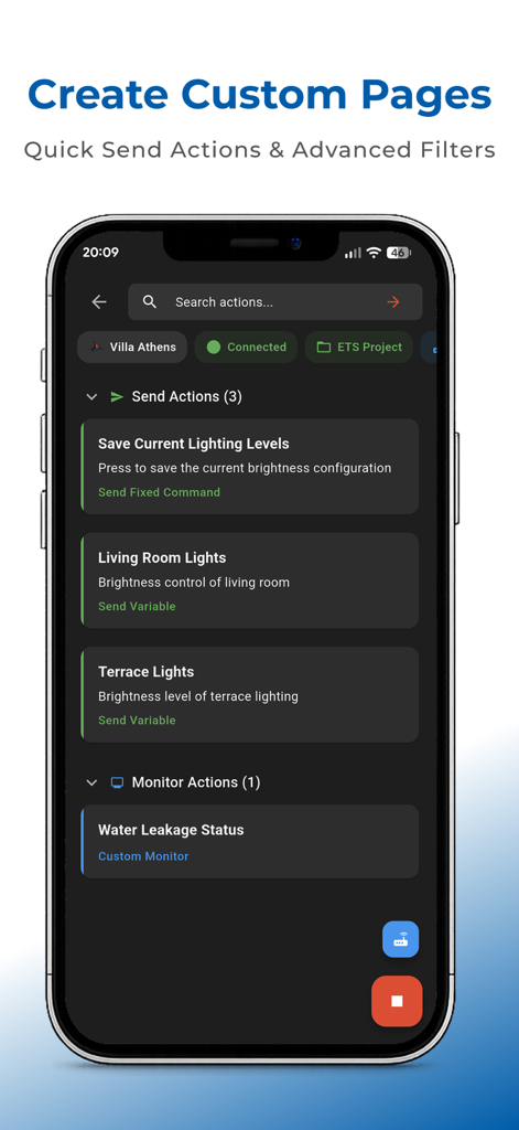 SharKNX - Pantalla de la aplicación móvil SharKNX que muestra páginas personalizadas para acciones de envío rápido y monitorización de estado