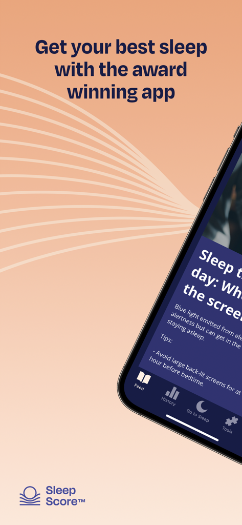 SleepScore by Sleep.ai - SleepScore app screenshot showing a sleep tip about blue light on an orange background