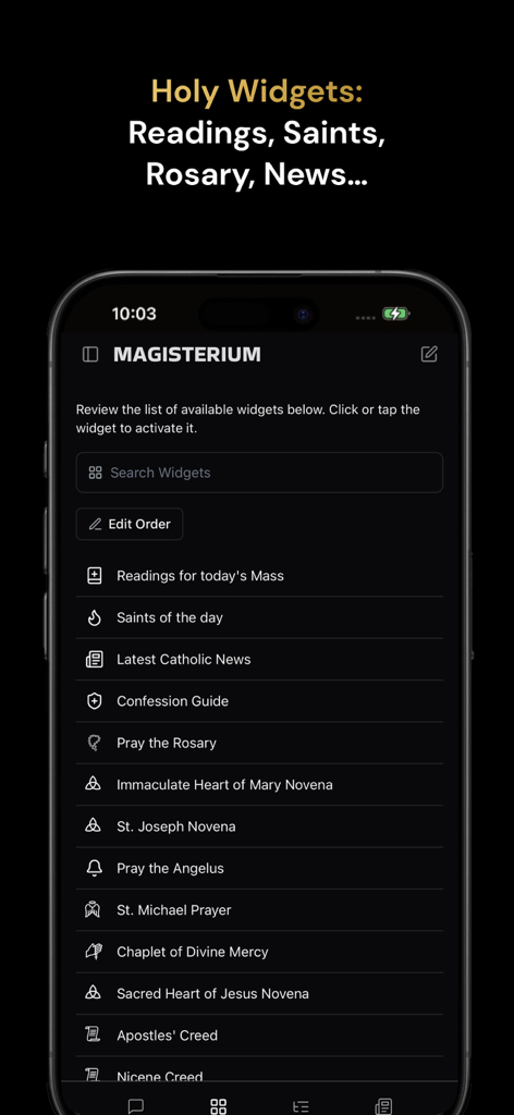 Magisterium AI - The Holy Widgets screen of the Magisterium AI app showing a list of Catholic resources including daily readings and prayers