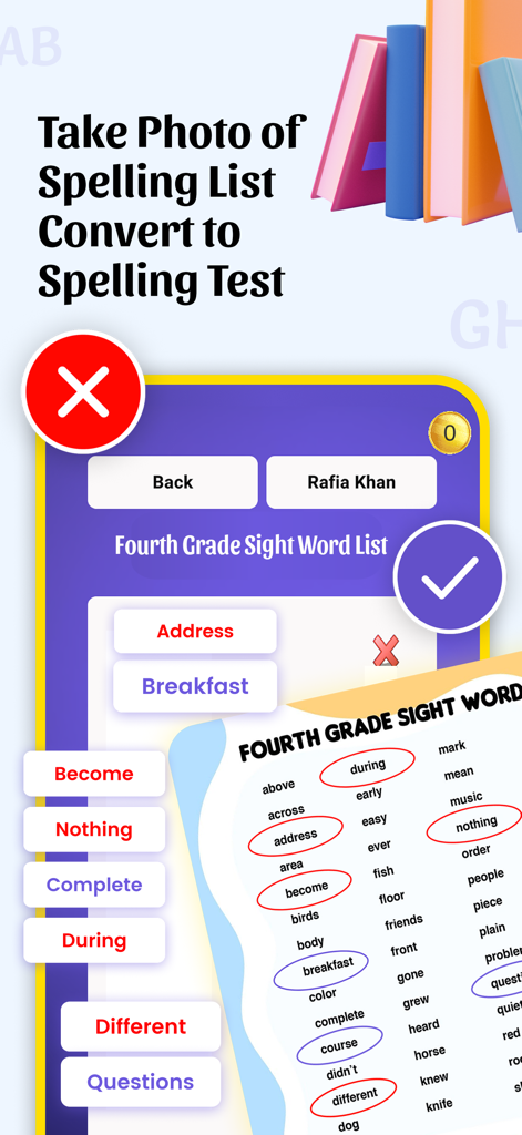 Spelling Homework Times Tables - Screenshot showing the OCR feature that converts a photo of a word list into an interactive spelling test for students