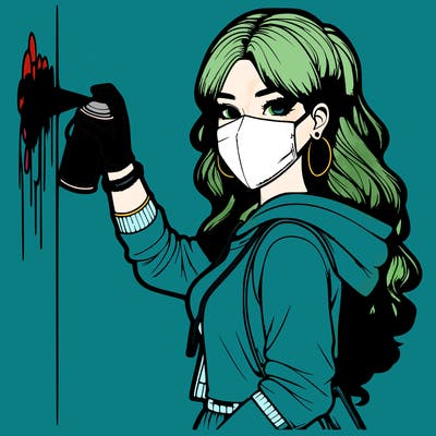 realistic girl with mask spray painting a wall