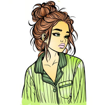 realistic woman with pajamas on and a messy bun