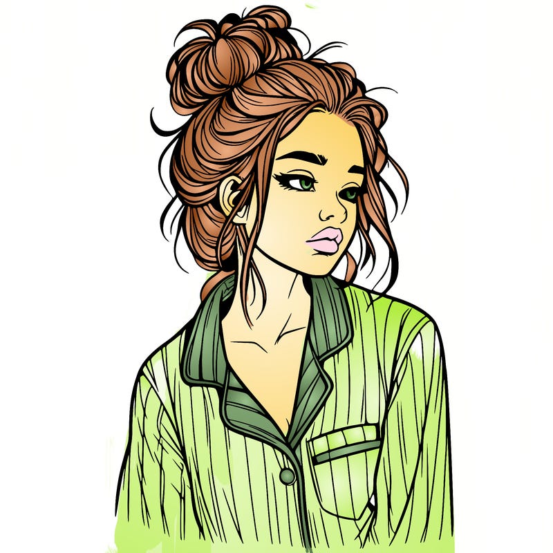 realistic woman with pajamas on and a messy bun