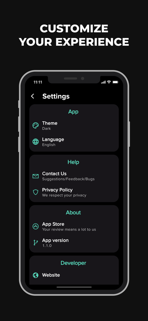 Settings screen of the Bad Habit Break app showing customization options like dark theme and language.
