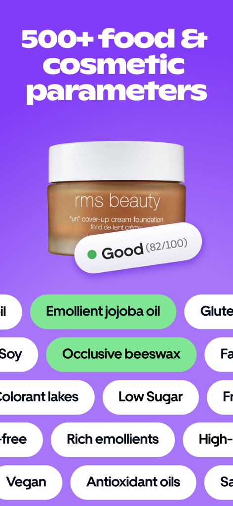 Label AI: Food & Cosmetic Scan - Label AI app showing a cosmetic product score and health parameters for ingredients