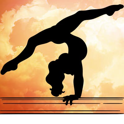 gymnast doing split handstand on a beam