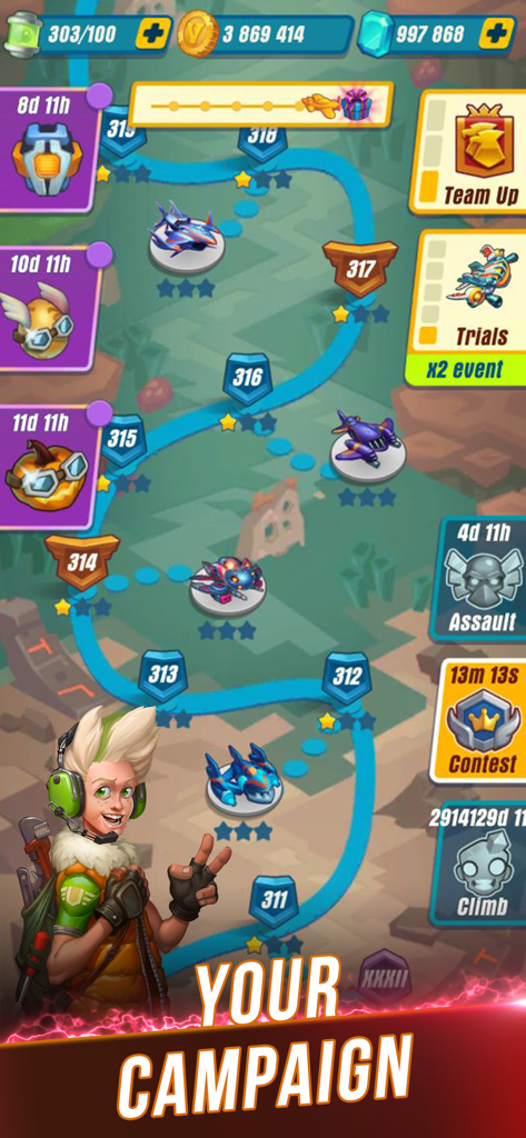 Mappa della campagna del gioco di aerei HAWK con progressione dei livelli e modalità di gioco