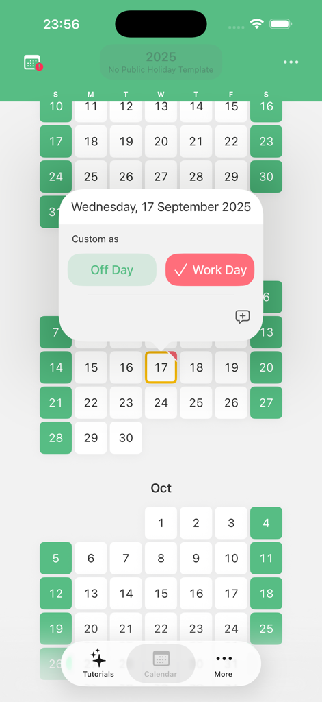 Interface of the Off Day app showing a calendar view with a pop up menu to toggle a specific date between Off Day and Work Day