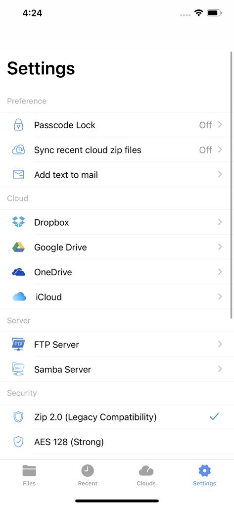 WinZip: #1 zip & unzip tool - Menu Paramètres de l'application WinZip pour iOS affichant les options de stockage cloud, les connexions au serveur et les préférences de chiffrement de sécurité