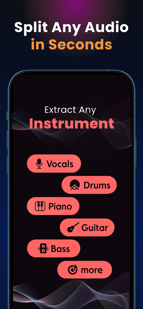 Schermata di uno smartphone che mostra la funzione di divisione audio per estrarre voce, batteria, pianoforte, chitarra e basso