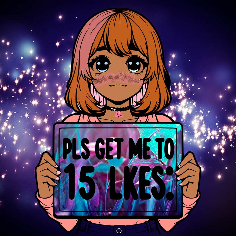 realistic girl holding up a sign that says “pls get me to 15 likes!”
