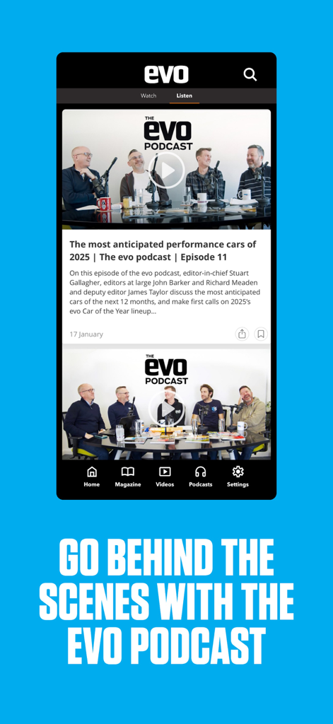 Smartphone screen showing the evo Magazine app podcast section with the editorial team discussing performance cars.