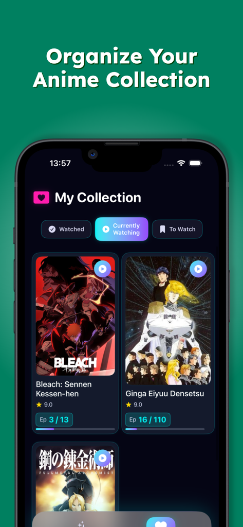 An iPhone screenshot of The Animekai app showing the My Collection section where users can track watched and currently watching anime series with progress bars and ratings.