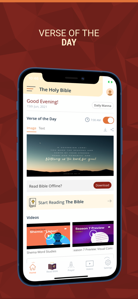 Holy Bible - Multilingual App - Interface of the Holy Bible Multilingual App showing the Verse of the Day image and offline download feature