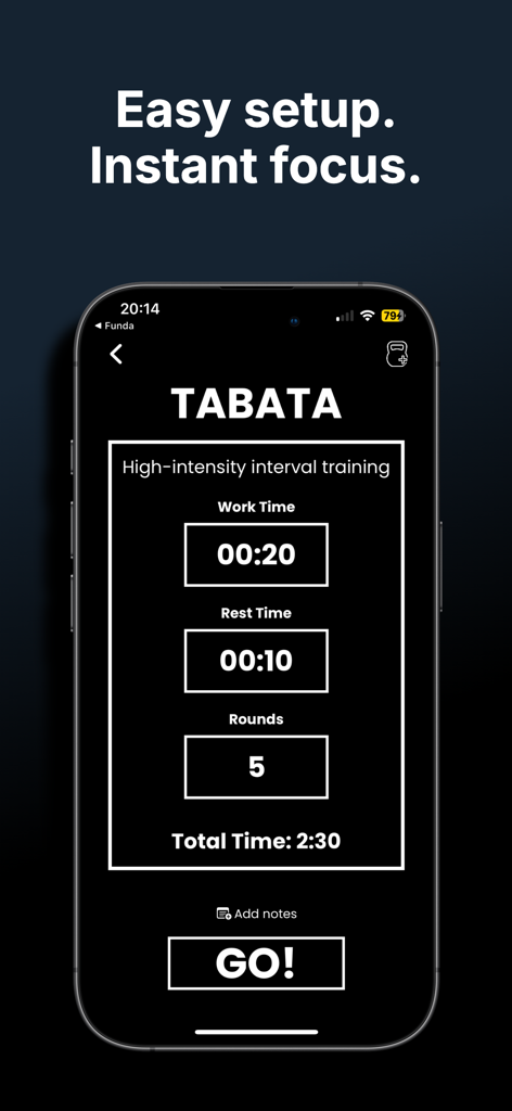 TimerFlex: HIIT & AI WOD Timer - Interfaccia dell'app TimerFlex che mostra le impostazioni dell'allenamento Tabata per l'allenamento a intervalli ad alta intensità